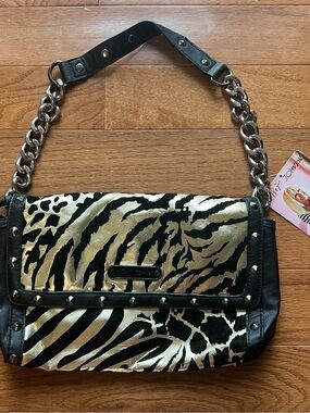 Betsey Johnson Black & Metallic Gold Animal Print Shoulder Bag